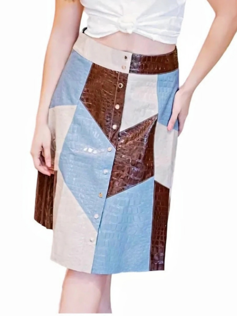 Gracia Multi Printed Fall Skirt Color Block Skirt in Blue & Brown Size Small NWT